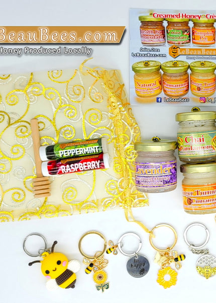Petit Panier Gourmand B - 5 petites crème de miel + 2 Baumes à Lèvres + 1 porte clés + 1 petit honey dipper