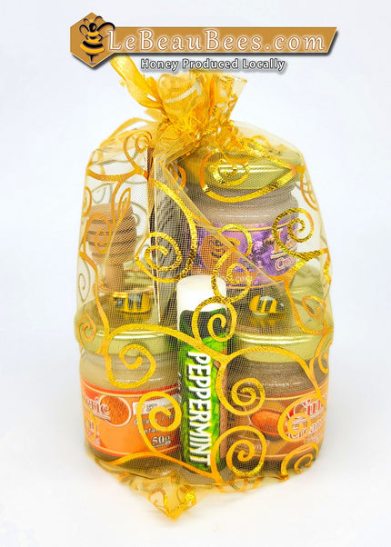 Petit Panier Gourmand B - 5 petites crème de miel + 2 Baumes à Lèvres + 1 porte clés + 1 petit honey dipper