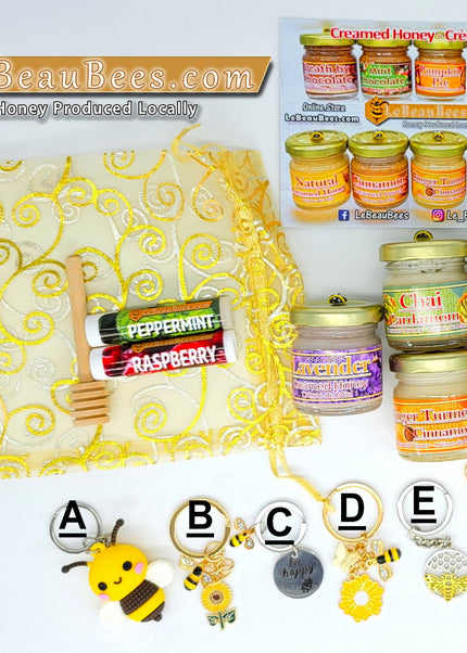 Petit Panier Gourmand B - 5 petites crème de miel + 2 Baumes à Lèvres + 1 porte clés + 1 petit honey dipper
