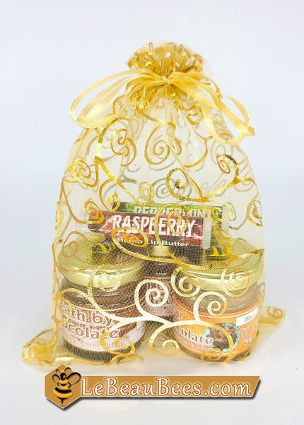 Petit Panier Gourmand- 3 petites crème de miel + 2 Baumes à Lèvres
